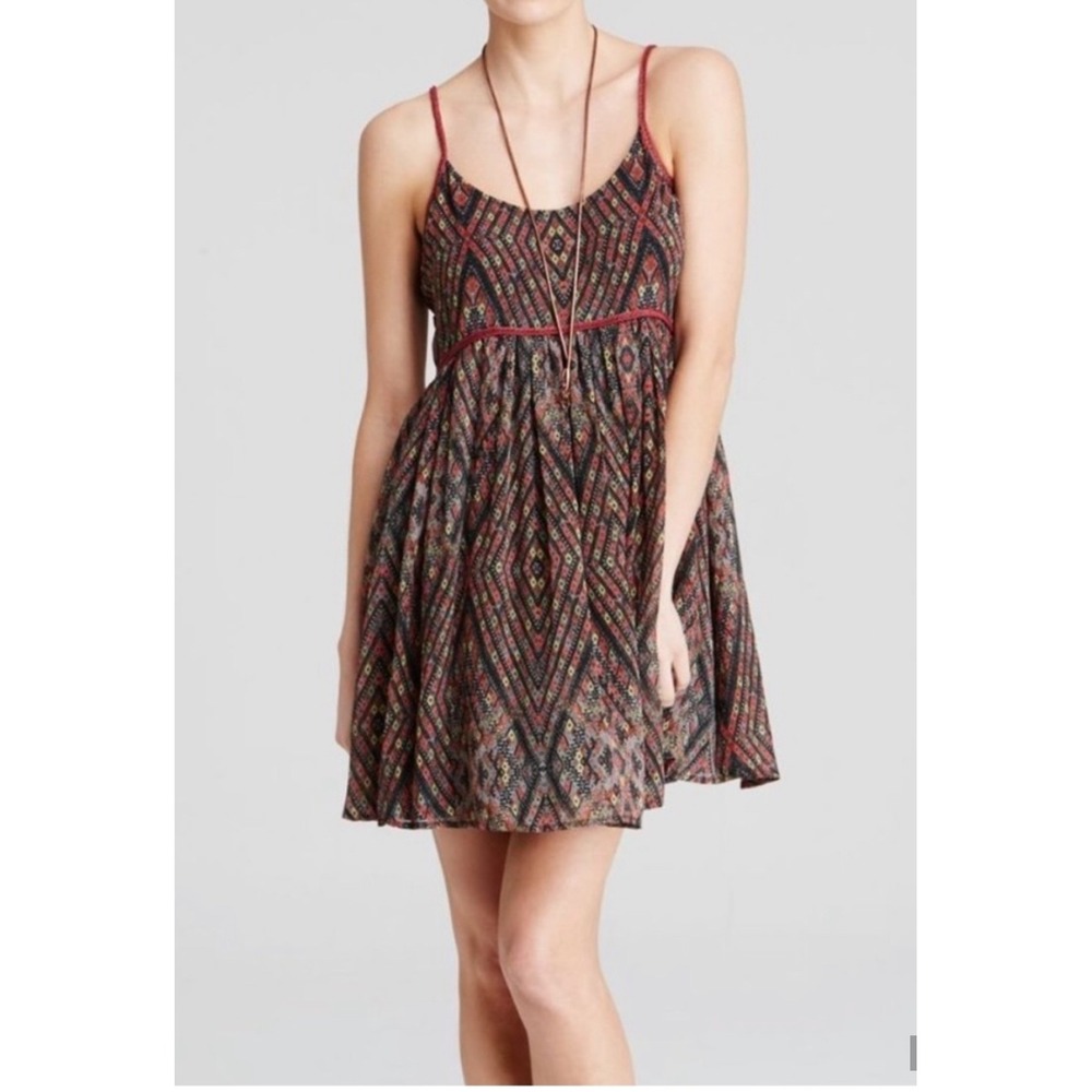 Free People Geometric Print Strappy Mini Dress Black Red Boho Festival Medium